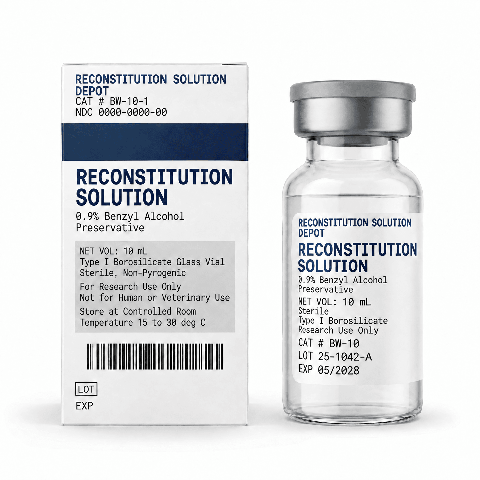 Reconstitution Solution Depot Reconstitution Solution 10mL Vial · Front view with box